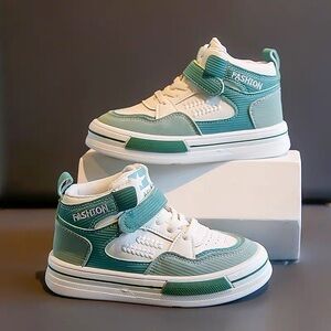 Fashion SHEIN Kids High Top Velcro Lace Sneakers Teal Green White Tennis Shoes